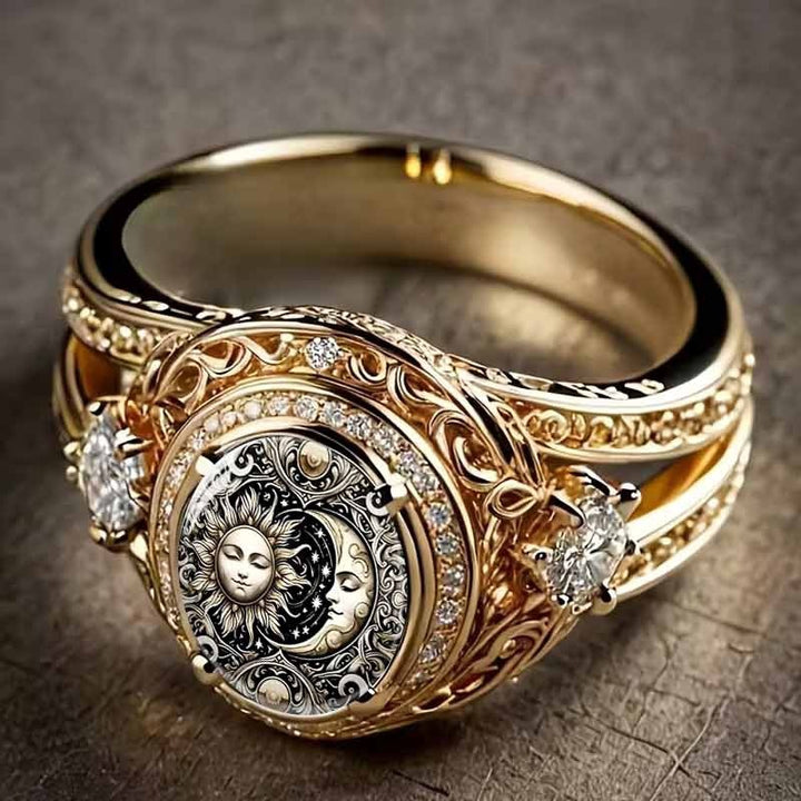 Vintage Sun Moon Embossed Hollow Diamond Ring, S925 Silver 14K Gold Plated Royal Carved Luxury Band For Couple