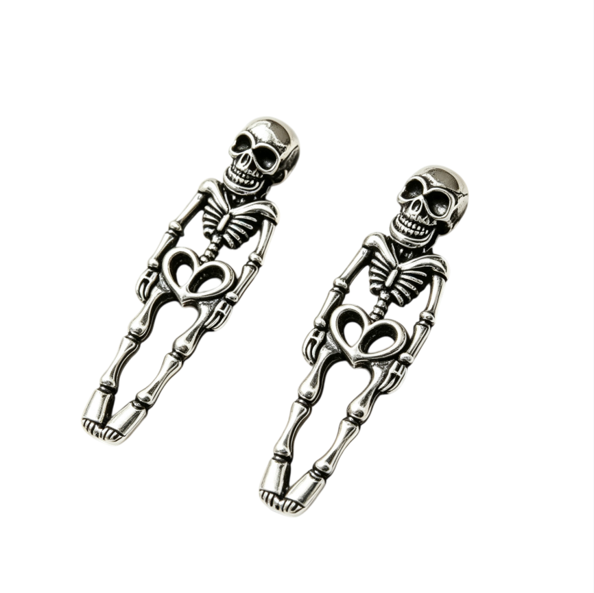 Vintage Antiqued Skeleton Stud Earrings With Heart, Gothic Long S925 Silver Unique Earrings