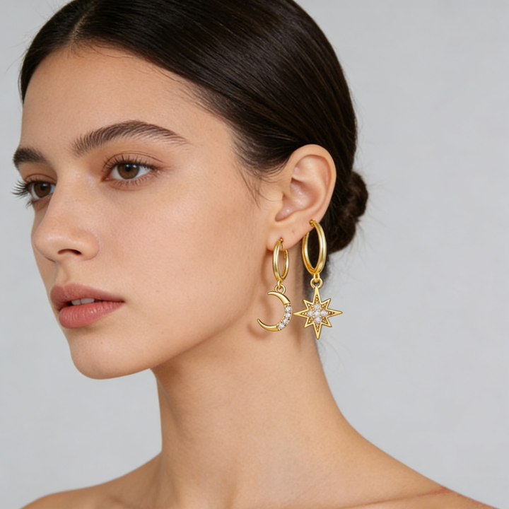 Asymmetric Moon & Star Diamond Huggie Earrings (2 Colors Delicate Dangle Hoops)