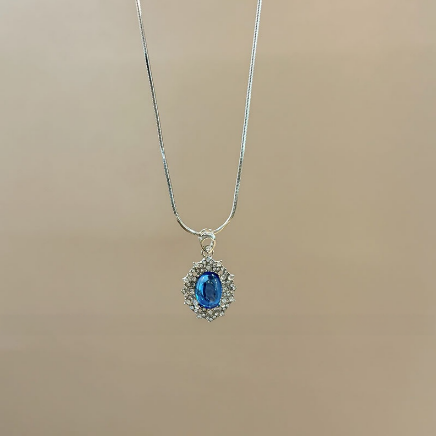 Vintage Sapphire Halo Pendant Snake Chain Necklace & Starry Blue Stone Cross Bracelet Set, Luxury Deep Blue Gem Jewelry Set
