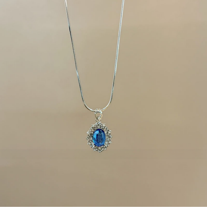 Vintage Sapphire Halo Pendant Snake Chain Necklace & Starry Blue Stone Cross Bracelet Set, Luxury Deep Blue Gem Jewelry Set