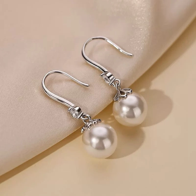Minimalist Diamond Pearl Hook Earrings, Luxury Commuter Round Pearl Drop Earrings