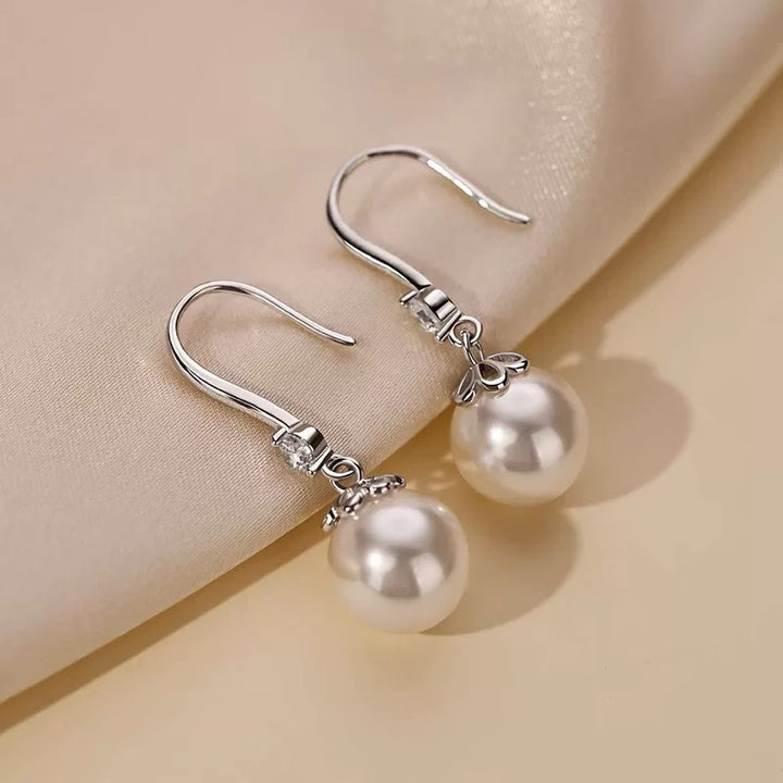 Minimalist Diamond Pearl Hook Earrings, Luxury Commuter Round Pearl Drop Earrings