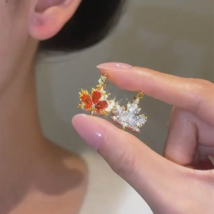 Two-Sided Clear/Orange Diamond Maple Leaf Huggie Earrings (Dual-Color Design (Front and Back))