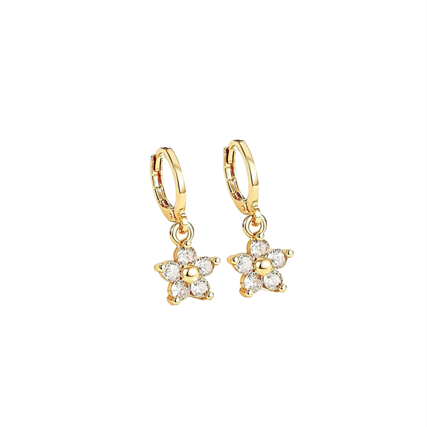 S925 Silver Paved Small Flower Huggie Earrings, Multi-color Delicate Five-petal Flower Drop Earrings