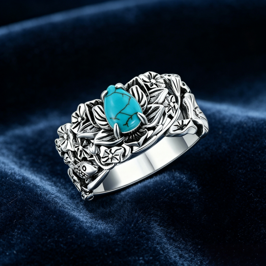 Antiqued Lotus & Koi Turquoise Wide Ring, S925 Silver Oriental Pond Style Carved Band For Women
