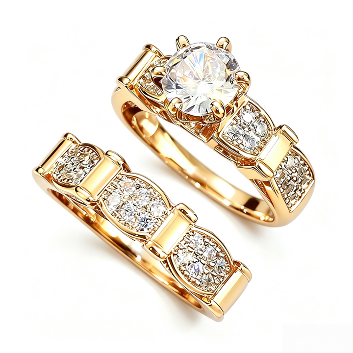 Gold‑Tone Bow‑Detail Round‑Center Two‑Piece Ring Set