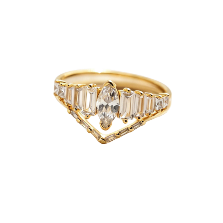 Marquise & Baguette V Shape 2Pcs Ring Set, S925 Silver Dainty Stacking Bands For Women