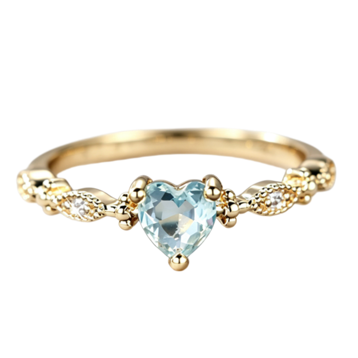 Vintage Lace Heart Light Blue Diamond Thin Ring, French Light Luxury Heart Gem Band