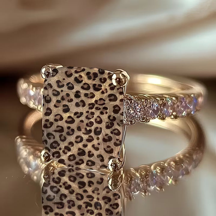 Luxury Glitter Leopard Print Rectangle Stone Pave Band Ring, Solid S925 Silver Gold-Plated Trendy Unique Band for Women