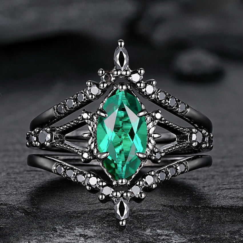 Gothic Marquise Green Gemstone Stackable Ring Set (Black Tone Statement Band)