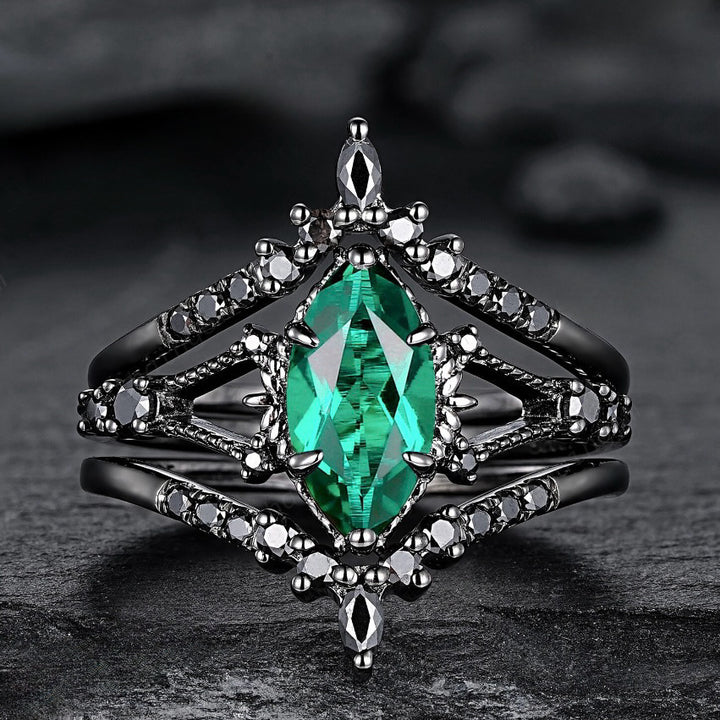 Gothic Marquise Green Gemstone Stackable Ring Set (Black Tone Statement Band)
