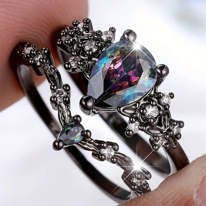 Antiqued Black Teardrop Mystic Diamond Double Layer Hollow Ring, S925 Silver Dark Palace Style Stackable Women’s Band