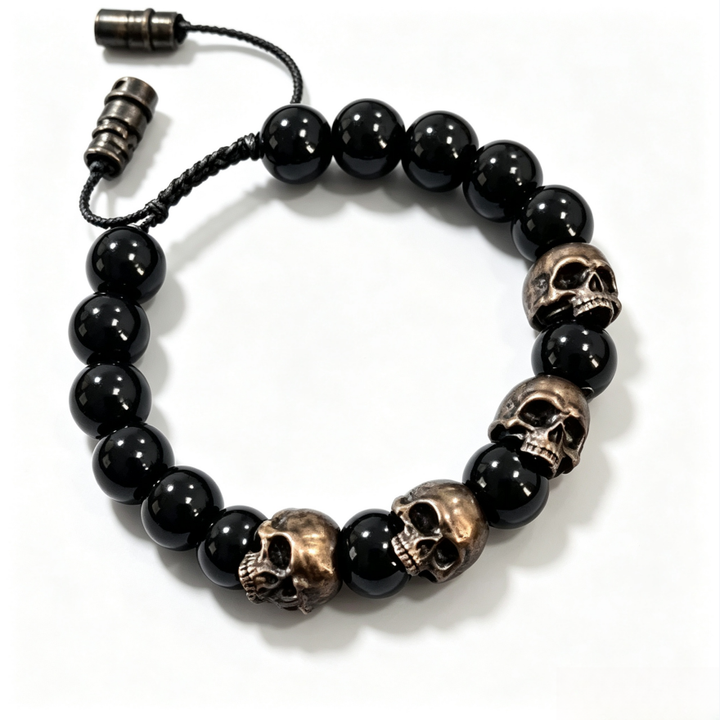 Vintage Skull Natural Stone Adjustable Braided Bracelet, Tiger Eye & Obsidian Dark Street Unisex Beaded Wrist Jewelry