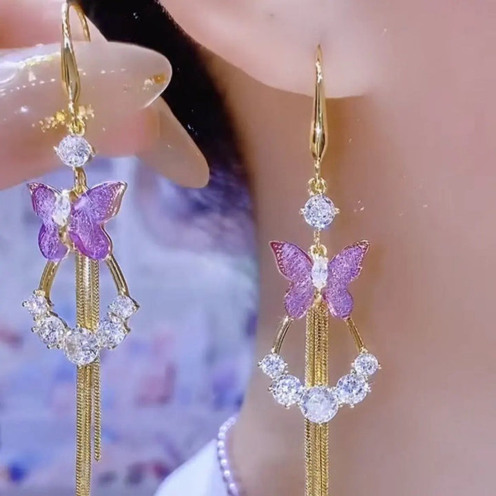 Colorful Butterfly Long Tassel Hook Earrings, Gradient Butterfly Diamond Dangle Earrings, Two Colors Available