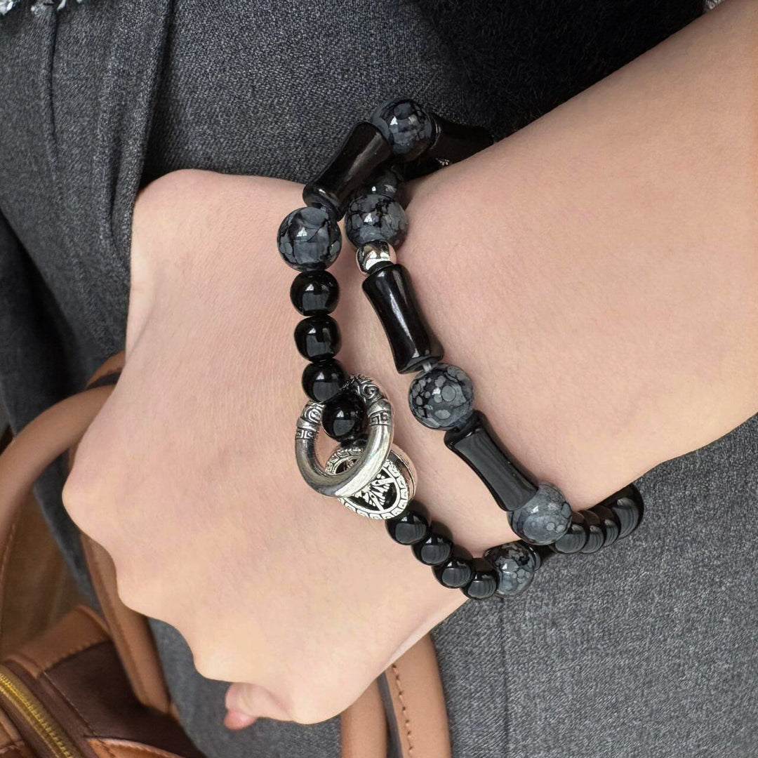 Black Onyx Bamboo Joint Double-Layer Beaded Bracelet (Men's Dark Style Jewelry)