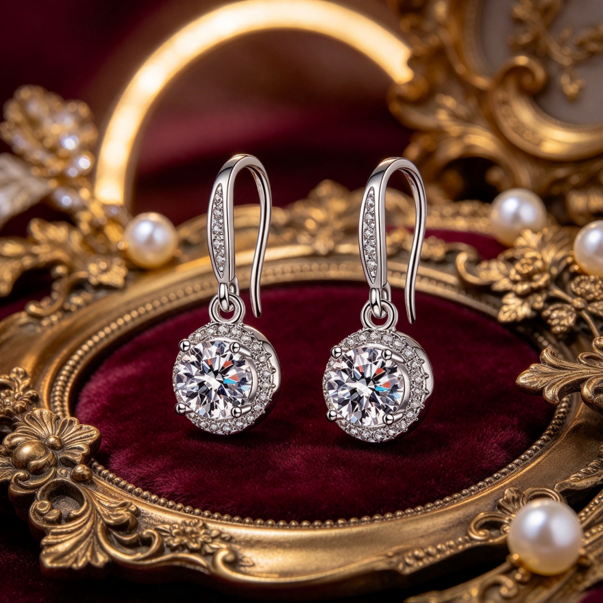 S925 Silver Round Halo Hook Earrings, Luxury Round Diamond Dangle Earrings