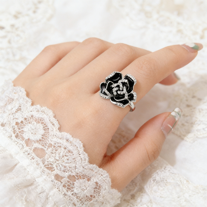 Black Enamel Camellia Pavé Ring (Luxury Vintage Elegant Band)