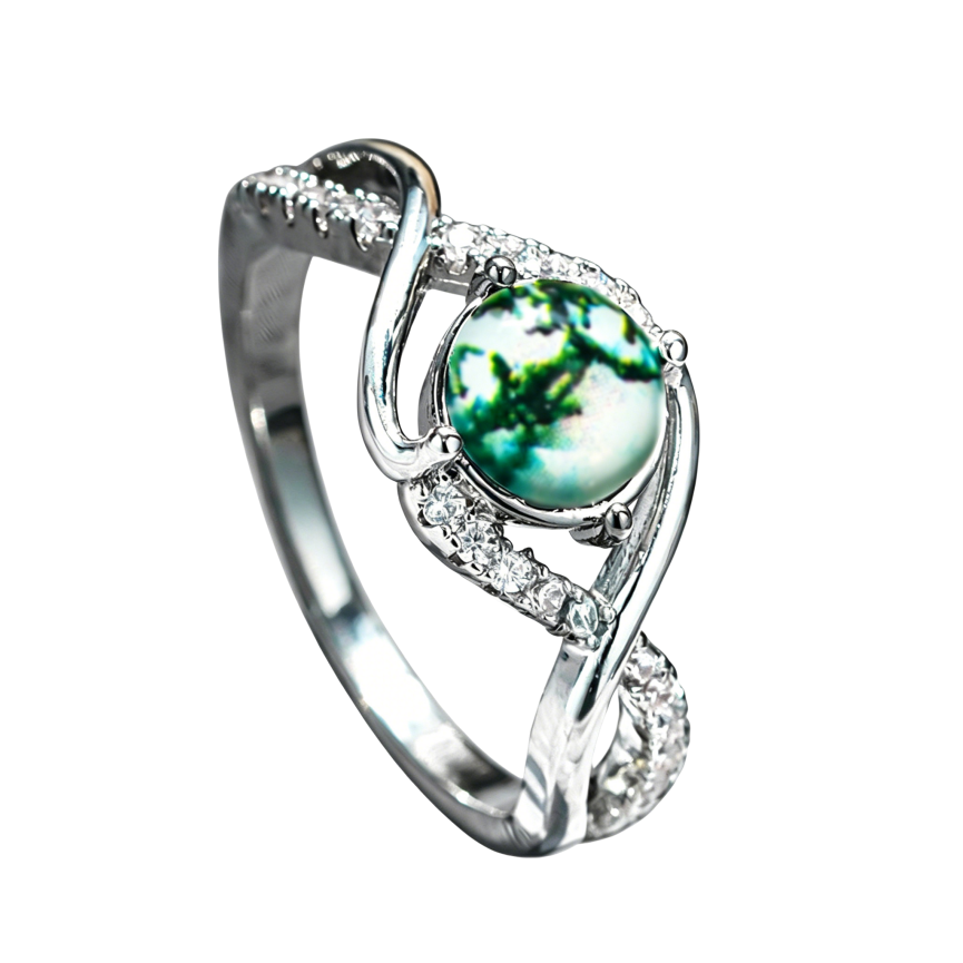 Twisted Shank Moss Agate Ring, Forest Style Paved Diamond Silver Delicate Band for Women