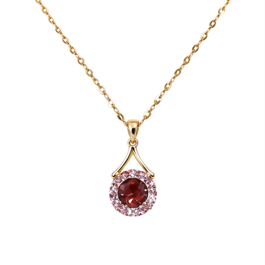Red Center Stone With Pink Halo S925 Silver Gold‑Plated Necklace