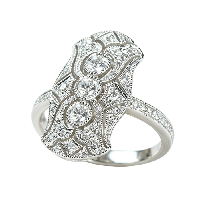 Edwardian Vintage Three-Diamond Openwork Milgrain Wide Ring, Solid S925 Silver Full Pave Antique Engagement Band