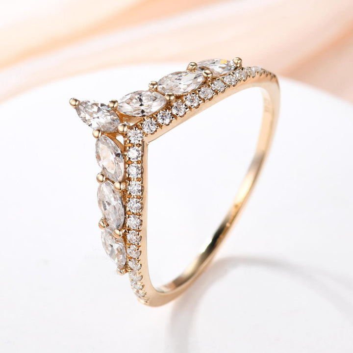 V-Shape Marquise Diamond Hollow Ring, Gold & Silver Tone Luxury Ladder Crystal Slimming Band