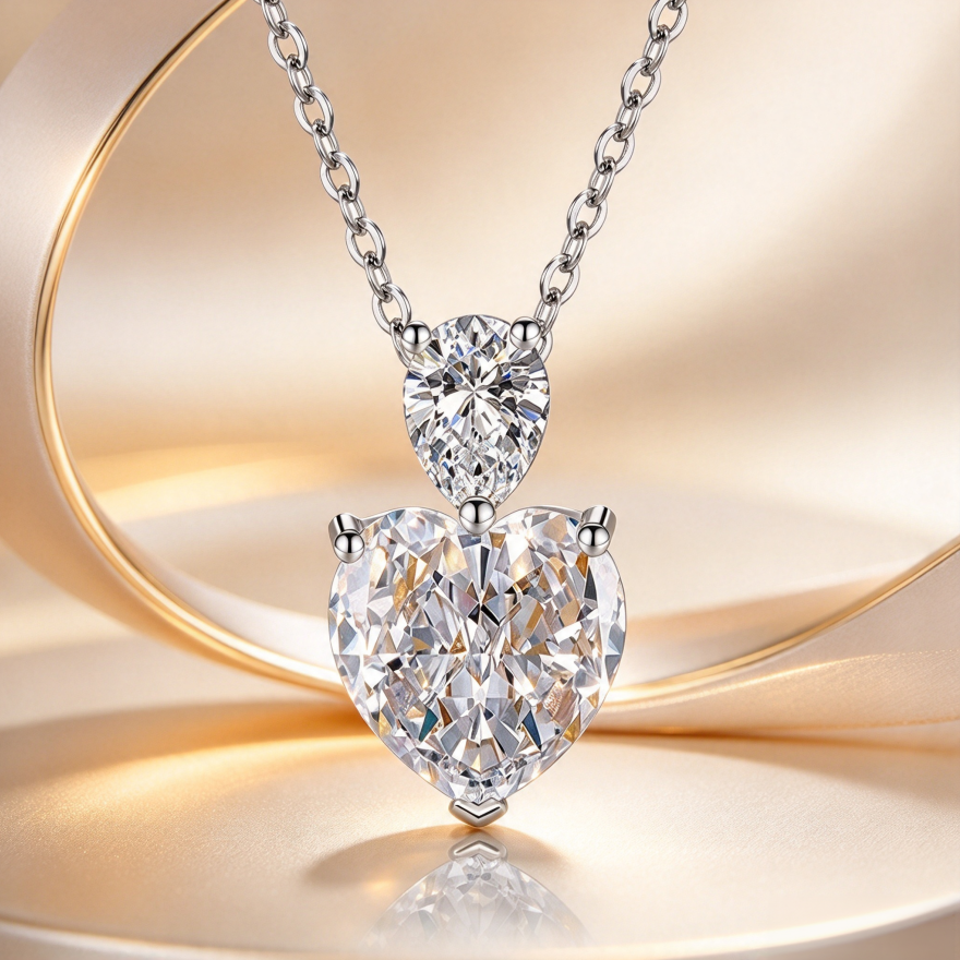 Heart & Pear Shape Double Diamond Pendant Necklace, S925 Silver Heart Diamond Women's Choker