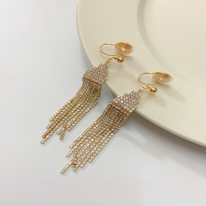 Tiered Paved Diamond Long Tassel Earrings, Silicone Clip-On & Hook Versions Gold Silver Sparkling Banquet Dangle Jewelry