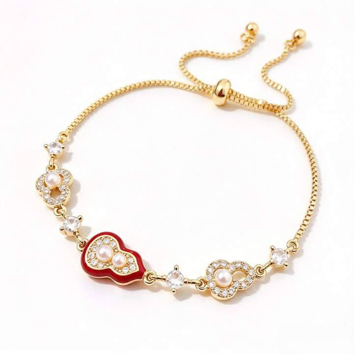 New Chinese Style Red Enamel Gourd & Clover S925 Silver Bracelet, Pearl & Diamond Adjustable Slider Bracelet for Women