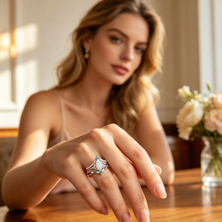 Marquise Opal Crown 3-Piece Stackable Ring Set, 3-Tone Vintage Luxury Paved Wedding Engagement Ring Set for Women