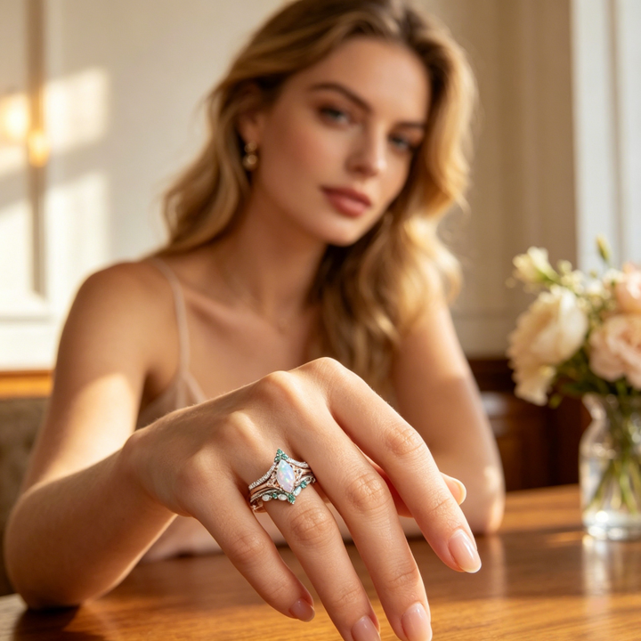 Marquise Opal Crown 3-Piece Stackable Ring Set, 3-Tone Vintage Luxury Paved Wedding Engagement Ring Set for Women