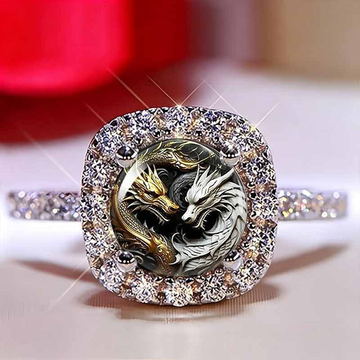 Square Halo‑Set Yin‑Yang Dual‑Dragon Printed Ring