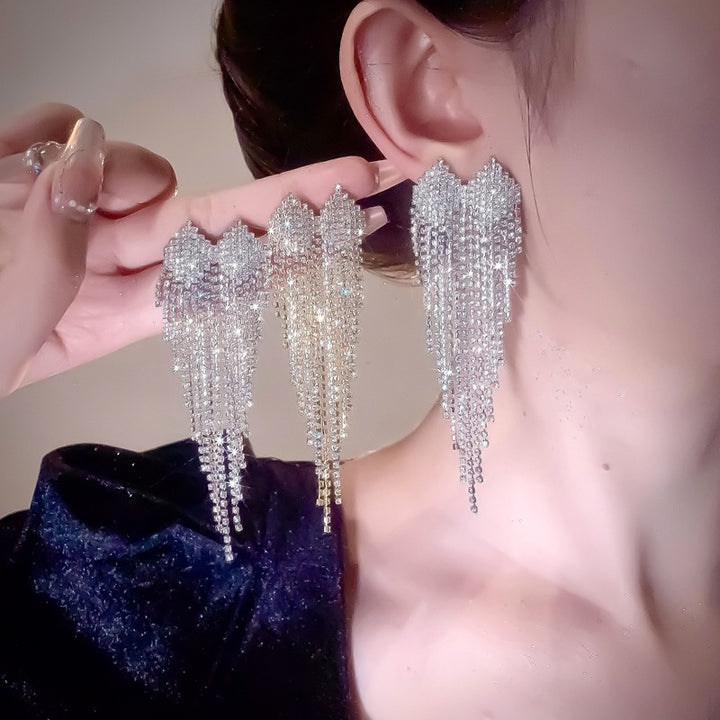 Full Pave Crystal Heart Chain Tassel Long Drop Earrings, Solid S925 Silver Gold & Silver Two-Tone Luxury Banquet Sparkling Jewelry