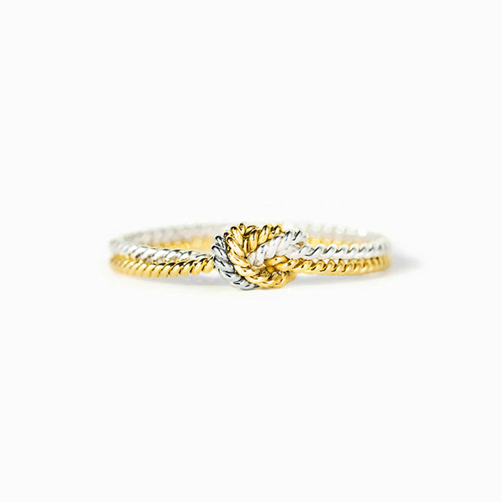 Two‑Tone Gold & Silver Twisted Cord Love Knot S925 Silver Ring, Intertwined Knot Thin Band Ring