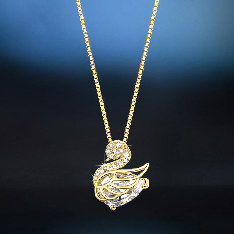 Luxury Pave Diamond Swan Pendant Necklace, 3 Colors Gold/Rose Gold/Silver Elegant Women Collarbone Chain