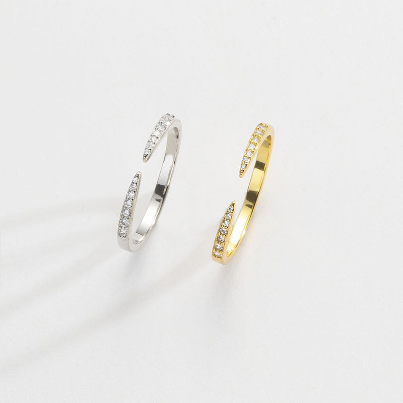 Dual Tip Paved Diamond Open Thin Ring, Minimal Micro-Paved Adjustable Geometric Line Band for Women