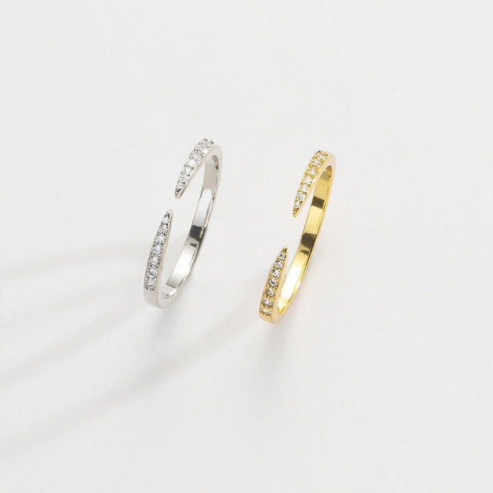 Dual Tip Paved Diamond Open Thin Ring, Minimal Micro-Paved Adjustable Geometric Line Band for Women