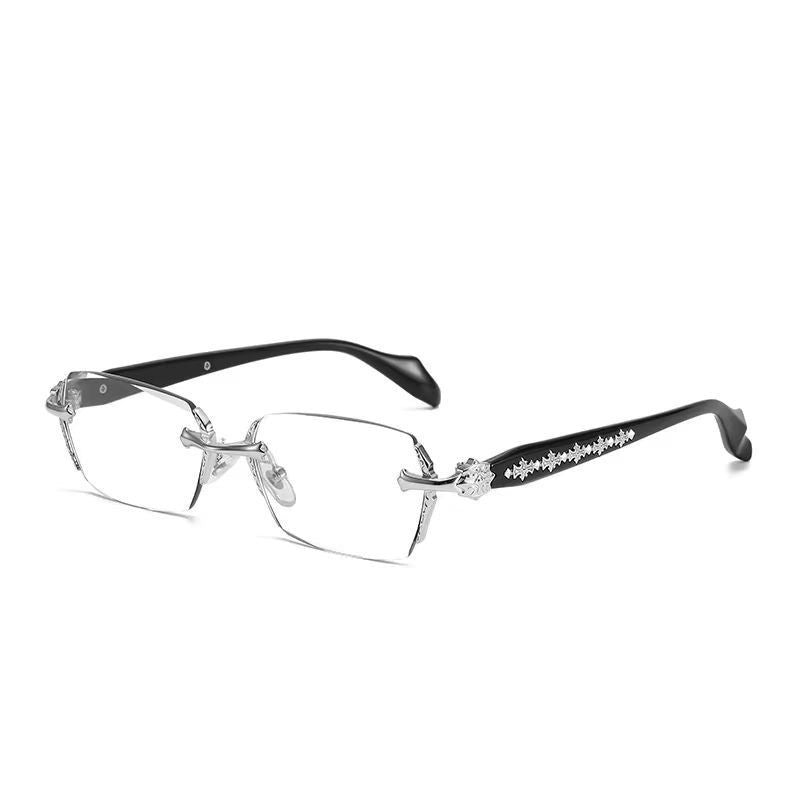 Carved Metal Rimless Business Glasses, Gold & Silver Luxury Beveled Optical Eyeglass Frame