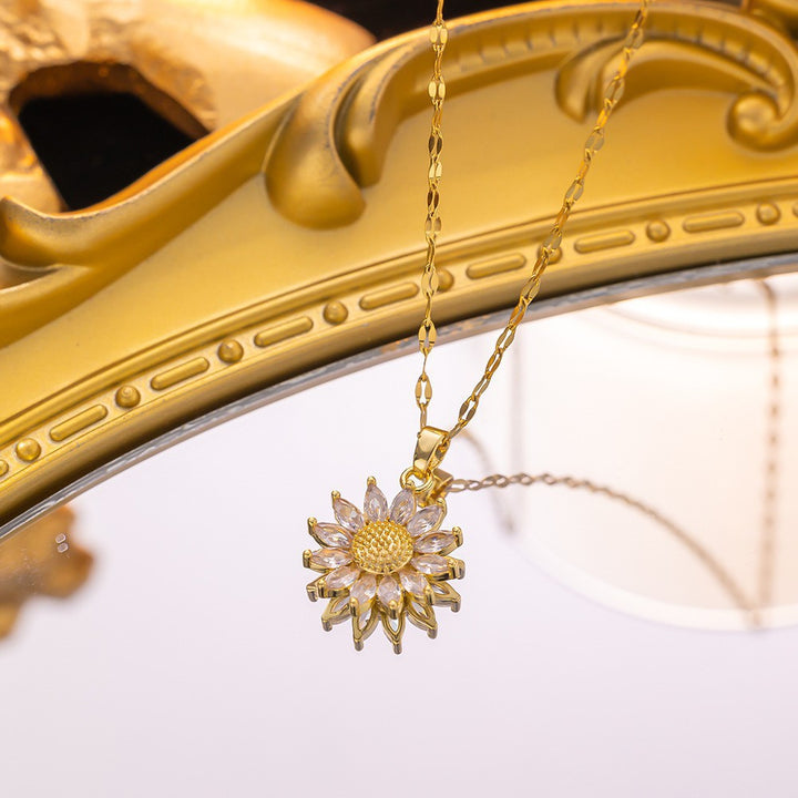 Pave Diamond Sunflower Collarbone Necklace, Marquise Crystal Sun‑Flower Pendant, Gold & Silver Two‑Tone Multiple Chain Styles Dainty Jewelry