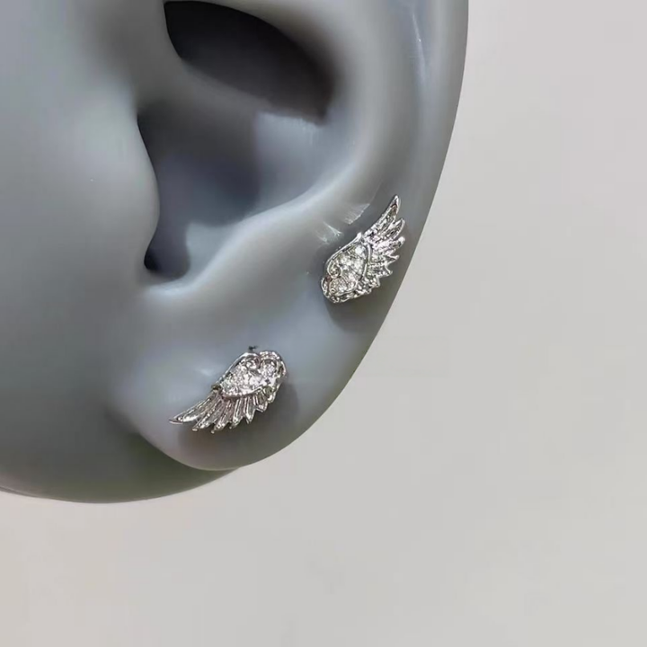 Wing Diamond Inlaid S925 Silver Stud Earrings, Delicate Angel Wing Ear Jewelry, Multi Color Available