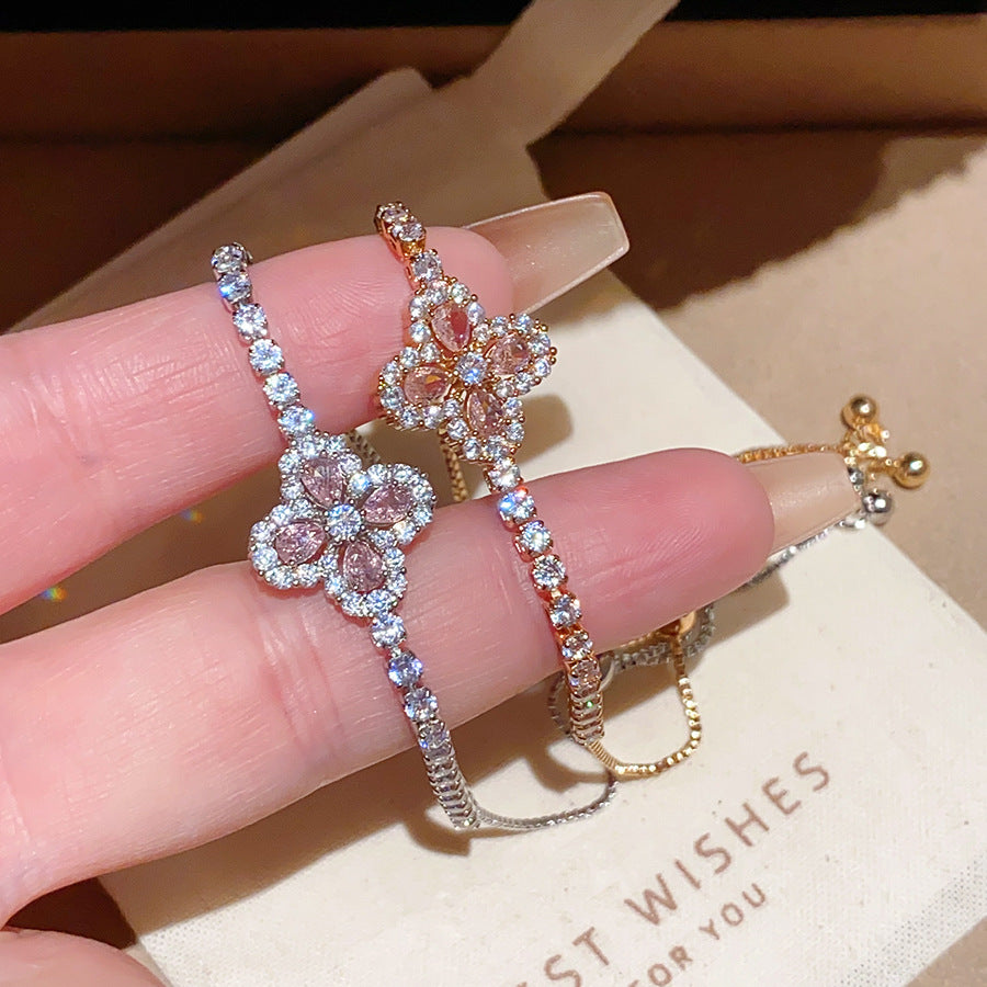 Luxury Four-Leaf Clover Pink Diamond Adjustable Bracelet, Gold & Silver Paved Diamond Pull Chain Women Bracelet