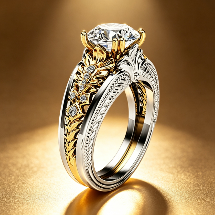 Two-Tone Vintage Floral Engraved Ring, European Relief Round Diamond Gothic Statement Band For Women