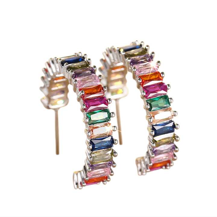 Rainbow Baguette Diamond Curved Stud Earrings (Silver Luxury Women's Earrings)