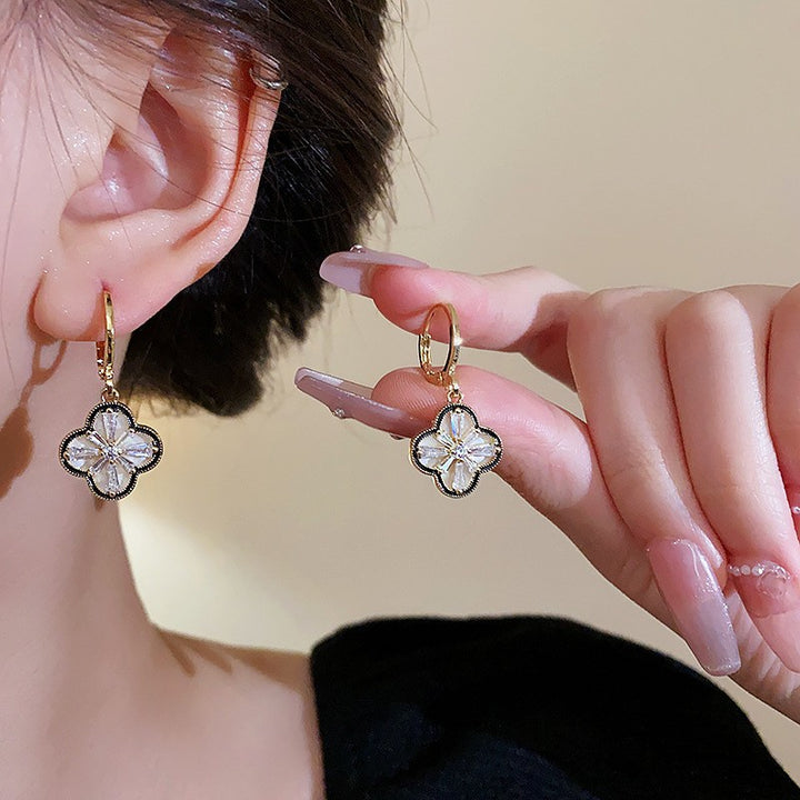 Vintage Enamel Clover Pave Diamond Hoop Earrings, Light Luxury Double Layer Shell Drop Dangles