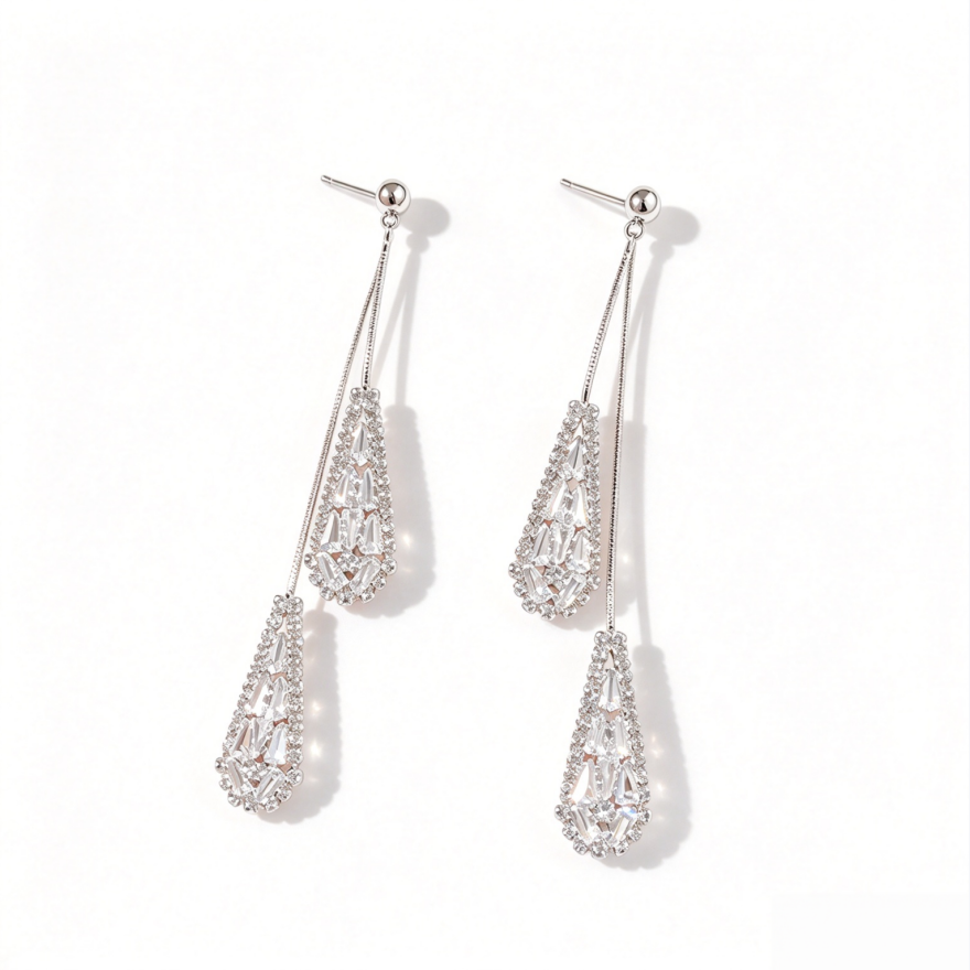 Double Layer Teardrop Full Diamond Long S925 Silver Threader Earrings, Luxury Baguette Cut Diamond Dangle Earrings, Gold & Silver Two Tones
