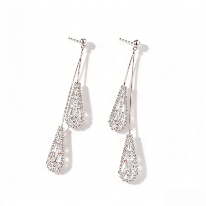 Double Layer Teardrop Full Diamond Long S925 Silver Threader Earrings, Luxury Baguette Cut Diamond Dangle Earrings, Gold & Silver Two Tones