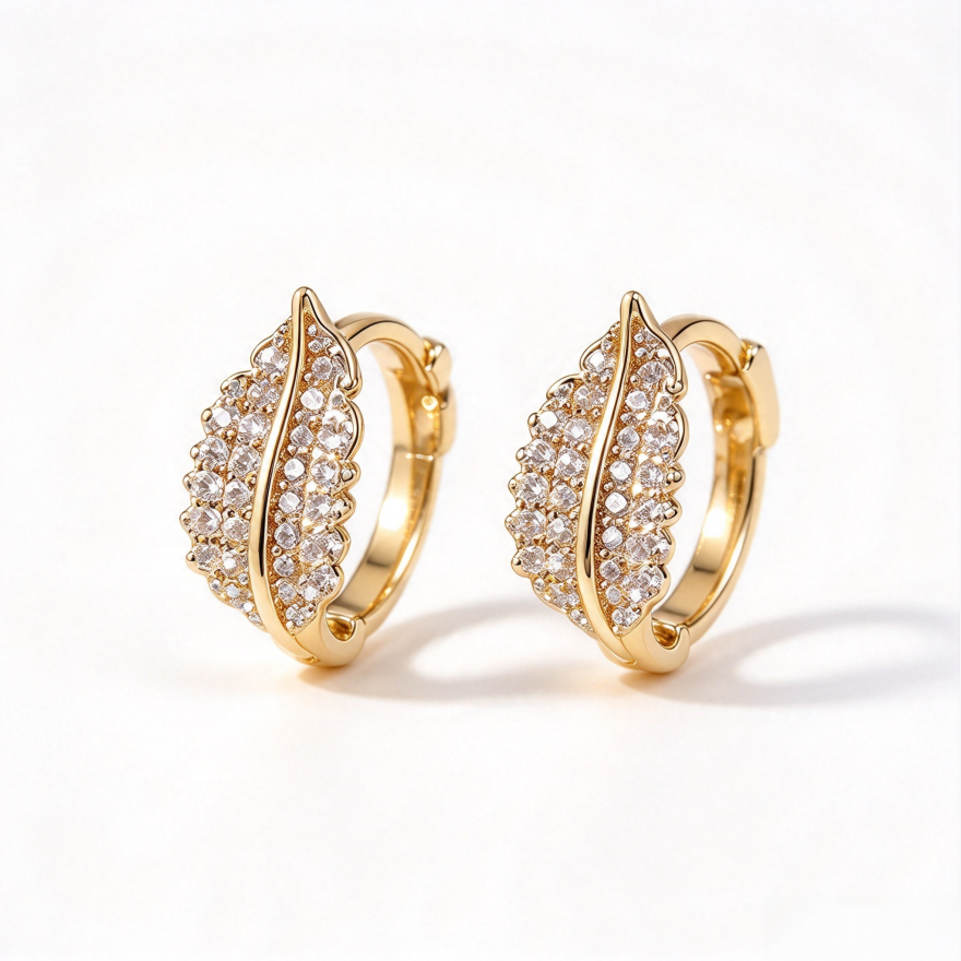 Paved Diamond Leaf Huggie Earrings