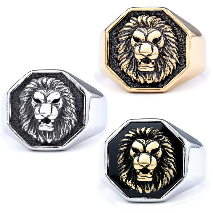 3D Lion Head Embossed Octagon Signet Ring, S925 Silver Full Gold / Silver / Silver-Gold Contrast Bold Men’s Band