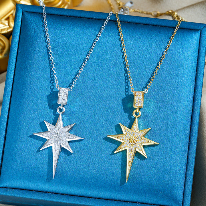 Full Paved Eight-Pointed Star Pendant Necklace, European Luxury Dainty Shining Star Clavicle Necklace for Women