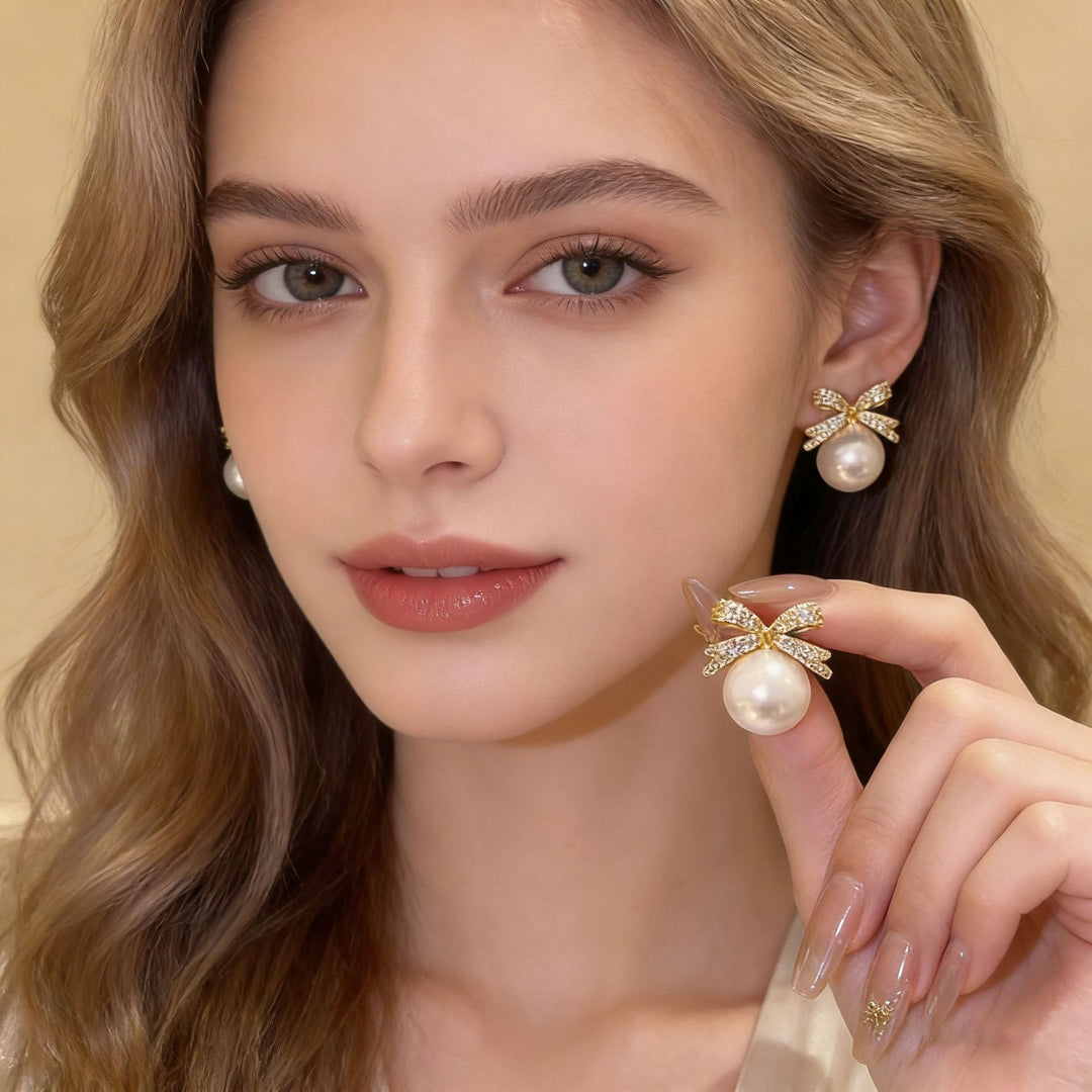 Pavé Diamond Bow Pearl S925 Silver Stud Earrings, Elegant Pearl Drop Jewelry
